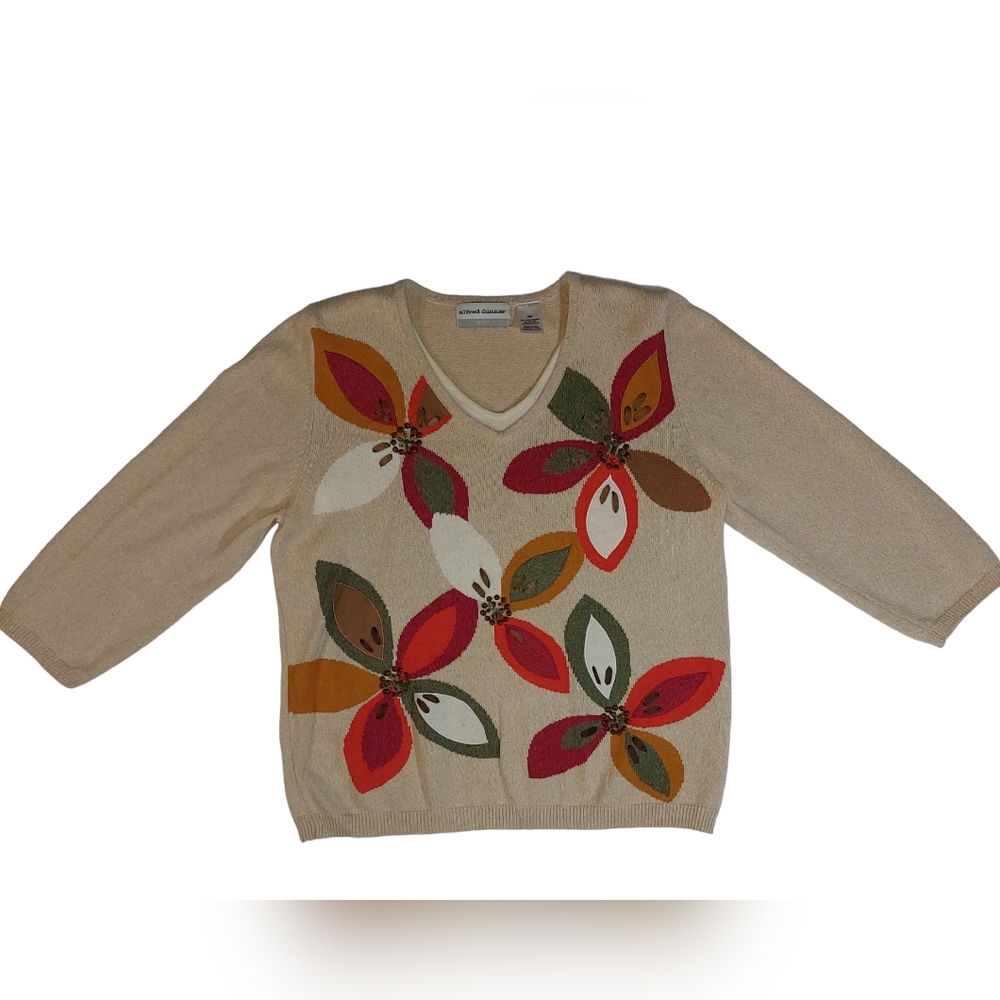 Alfred Dunner Petities   Sweater V Neck Tan Flower Beaded